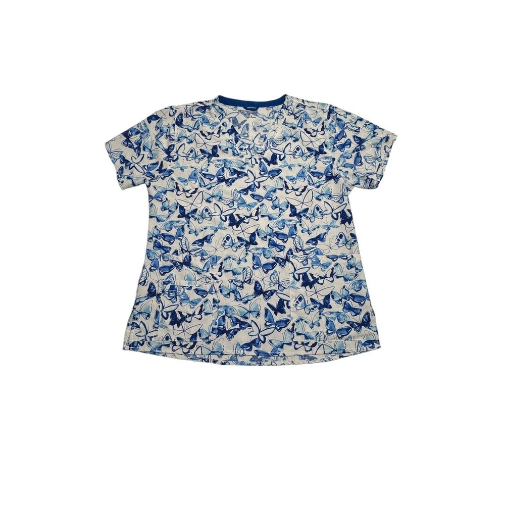Carhartt Royal Blue Butterflies Two Pocket V Neck Scrub Top Womens Size Large‎